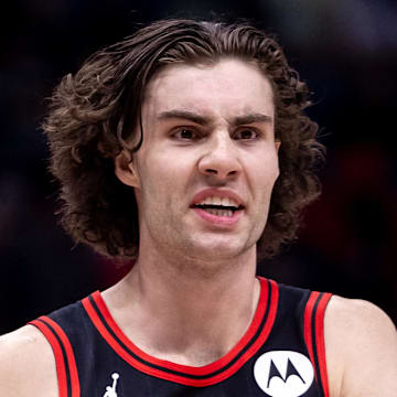 Oct 23, 2024; New Orleans, Louisiana, USA;  Chicago Bulls guard Josh Giddey (3) reacts to a play against the New Orleans Pelicans during the first half at Smoothie King Center. Mandatory Credit: Stephen Lew-Imagn Images