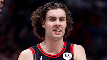 Oct 23, 2024; New Orleans, Louisiana, USA;  Chicago Bulls guard Josh Giddey (3) reacts to a play against the New Orleans Pelicans during the first half at Smoothie King Center. Mandatory Credit: Stephen Lew-Imagn Images