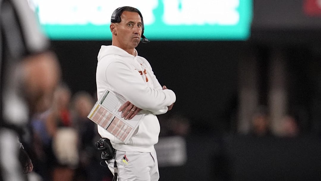 Texas Longhorns head coach Steve Sarkisian looks on in the first half against the Georgia Bulldogs  at Sanford Stadium.