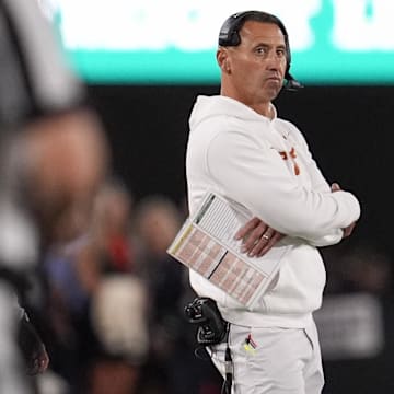 Texas Longhorns head coach Steve Sarkisian looks on in the first half against the Georgia Bulldogs  at Sanford Stadium. 