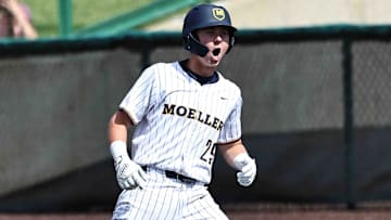 Moeller third baseman Matt Ponatoski (29) reacts during the Crusaders' win over Butler in the DI regional semifinal game at Miami University Thursday, May 30, 2024.