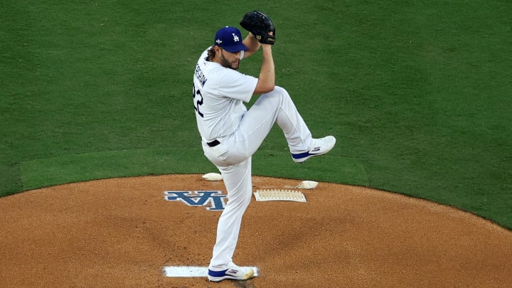 Oct 7, 2023; Los Angeles, California, USA; Los Angeles Dodgers starting pitcher Clayton Kershaw (22) throws a pitch against the Arizona Diamondbacks during the first inning for game one of the NLDS for the 2023 MLB playoffs at Dodger Stadium.