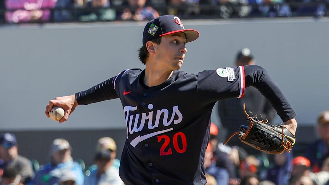 Feb 23, 2026; Lakeland, Florida, USA; Minnesota Twins pitcher Mick Abel (20) pitches during the third inning against the Detroit Tigers at Publix Field at Joker Marchant Stadium. Mandatory Credit: Mike Watters-Imagn Images
