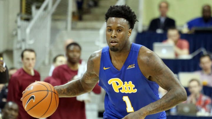 Feb 18, 2017; Pittsburgh, PA, USA;  Pittsburgh Panthers forward Jamel Artis (1) dribbles the ball against the Florida State Seminoles during the second half at the Petersen Events Center. Pittsburgh won 80-66. Mandatory Credit: Charles LeClaire-USA TODAY Sports