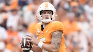 Tennessee quarterback Joey Aguilar (6) looks to pass during a college football game between Tennessee and ETSU at Neyland Stadium in Knoxville, Tennessee, on September 6, 2025.