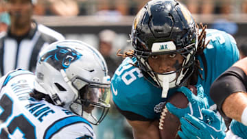 Jacksonville Jaguars running back LeQuint Allen Jr. (36) finds a hole during the second quarter of an NFL football game between the Carolina Panthers at Jacksonville Jaguars at EverBank Stadium Sunday September 7, 2025. 