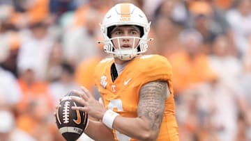 Tennessee quarterback Joey Aguilar (6) looks to pass during a college football game between Tennessee and ETSU at Neyland Stadium in Knoxville, Tennessee, on August 30, 2025.