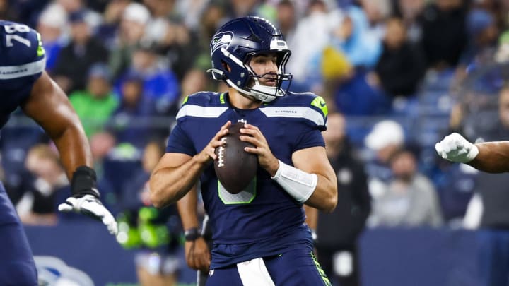 Aug 24, 2024; Seattle, Washington, USA; Seattle Seahawks quarterback Sam Howell (6) looks to pass against the Cleveland Browns during the second quarter at Lumen Field. Mandatory Credit: Joe Nicholson-USA TODAY Sports