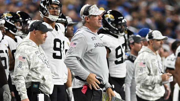 Nov 17, 2024; Detroit, Michigan, USA; Jacksonville Jaguars head coach Doug Pederson on the sidelines during the third quarter of their game against the Detroit Lions at Ford Field. Mandatory Credit: Lon Horwedel-Imagn Images Nov 17, 2024; Detroit, Michigan, USA; Jacksonville Jaguars head coach Doug Pederson on the sidelines during the third quarter of their game against the Detroit Lions at Ford Field. Mandatory Credit: Lon Horwedel-Imagn Images