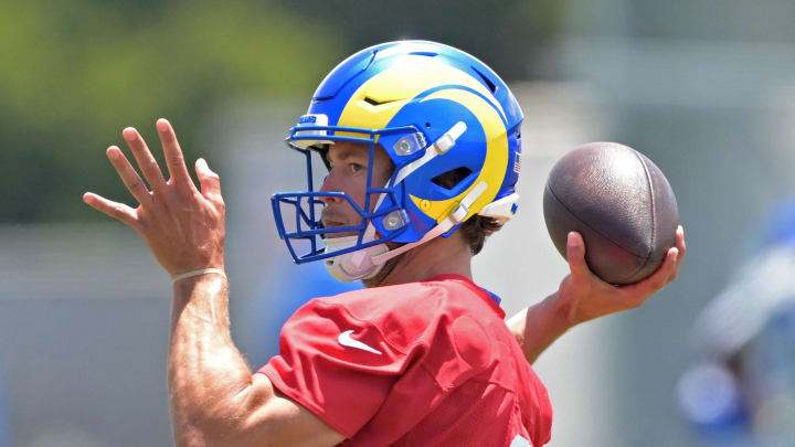 May 28, 2024; Thousand Oaks, CA, USA; Los Angeles Rams quarterback Matthew Stafford (9) during OTAs at the team training facility at California Lutheran University. Mandatory Credit: Jayne Kamin-Oncea-USA TODAY Sports