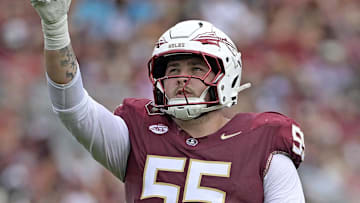 Sep 20, 2025; Tallahassee, Florida, USA; Florida State Seminoles offensive lineman Gunnar Hansen (55) celebrates a touchdown during the first half against the Kent State Golden Flashes at Doak S. Campbell Stadium. Mandatory Credit: Melina Myers-Imagn Images