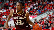 Feb 15, 2025; Raleigh, North Carolina, USA; Boston College Eagles guard Donald Hand Jr. (13) dribbles with the ball during the second half of the game against North Carolina State Wolfpack at Lenovo Center. Mandatory Credit: Jaylynn Nash-Imagn Images