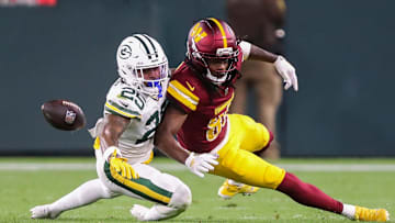 Green Bay Packers cornerback Keisean Nixon (25) breaks up a pass intended for Washington Commanders wide receiver Noah Brown (85) on Thursday, September 11, 2025, at Lambeau Field in Green Bay, Wis. The Packers won the game, 27-18.
Tork Mason/USA TODAY NETWORK-Wisconsin