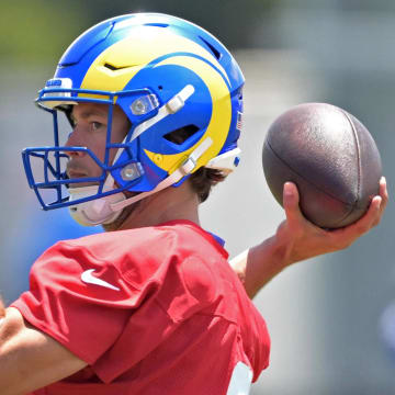 May 28, 2024; Thousand Oaks, CA, USA; Los Angeles Rams quarterback Matthew Stafford (9) during OTAs at the team training facility at California Lutheran University. Mandatory Credit: Jayne Kamin-Oncea-USA TODAY Sports