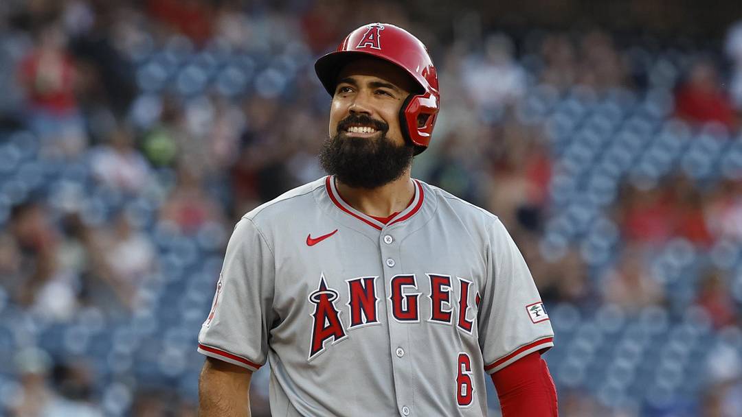 Aug 9, 2024; Washington, District of Columbia, USA; Los Angeles Angels third baseman Anthony Rendon (6) acknowledges the Washington Nationals fans being introduced prior to his first at-bat in Washington since leaving the organization during the second inning at Nationals Park. Mandatory Credit: Geoff Burke-Imagn Images