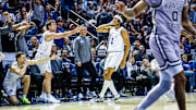 BYU Basketball's Trey Stewart celebrates a three against Kansas State