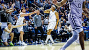 BYU Basketball's Trey Stewart celebrates a three against Kansas State