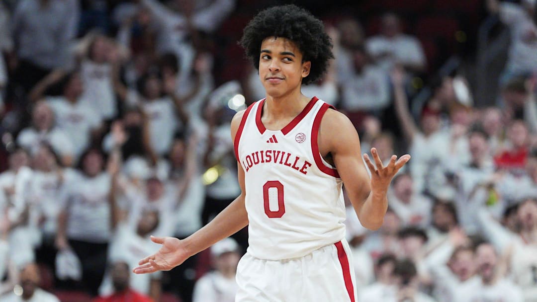 Louisville Cardinals guard Mikel Brown Jr. (0) was unfazed after he scored 45 points with 10-for-16 3-point shooting as the Cards roll past NC State 118-77 at the KFC Yum! Center in downtown Louisville, February 9, 2026.