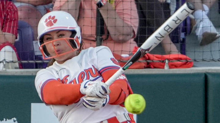 Clemson sophomore Macey Cintron (16) hits against South Carolina during the bottom of the fourth inning at McWhorter Stadium in Clemson Tuesday, April 14, 2026.