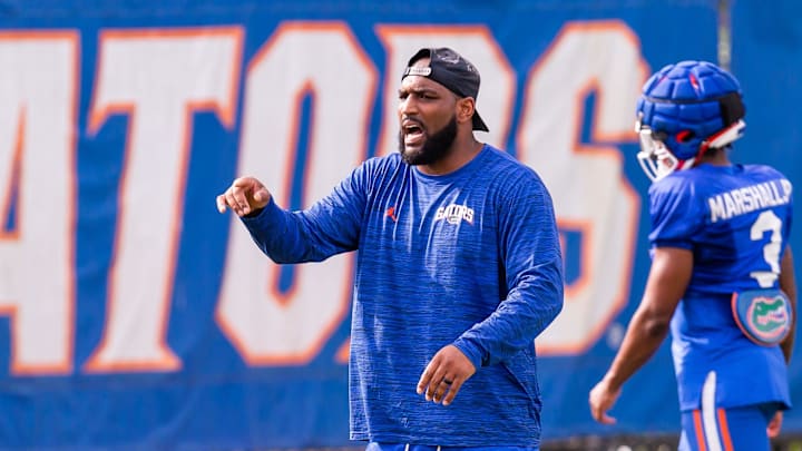 New Florida secondary coach Will Harris directs his defensive backs during the Florida Gators as they held their final open Spring football practice before the Orange and Blue Game at Sanders Practice Fields in Gainesville, FL on Tuesday, April 9, 2024. [Doug Engle/Gainesville Sun]