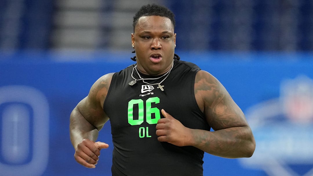 Mar 1, 2026; Indianapolis, IN, USA;  Boston College offensive lineman Jude Bowry (OL06) during the NFL Scouting Combine at Lucas Oil Stadium. Mandatory Credit: Kirby Lee-Imagn Images