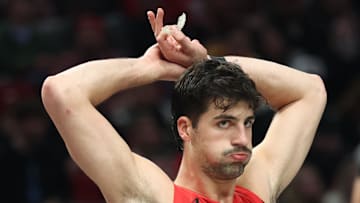 Nov 26, 2025; Portland, Oregon, USA; Portland Trail Blazers forward Deni Avdija (8) reacts after missing consecutive free throws in the second half against the San Antonio Spurs at Moda Center. Mandatory Credit: Jaime Valdez-Imagn Images