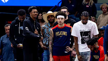 Apr 11, 2025; New Orleans, Louisiana, USA;  New Orleans Pelicans bench reacts to a play against the Miami Heat during the first half at Smoothie King Center. Mandatory Credit: Stephen Lew-Imagn Images