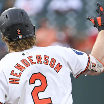 Sep 4, 2024; Baltimore, Maryland, USA;  Baltimore Orioles shortstop Gunnar Henderson (2) reacts after hitting a first inning home run against the Chicago White Sox at Oriole Park at Camden Yards.