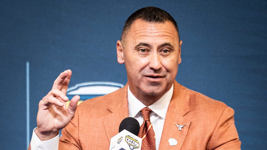 Texas Longhorns Head Coach Steve Sarkisian speaks during the Coaches' Press Conference at AT&T Stadium, Jan. 9, 2024. Both coaches answered questions from the media.