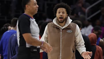 Jan 20, 2024; Detroit, Michigan, USA;  Detroit Pistons guard Cade Cunningham talks to referee 
