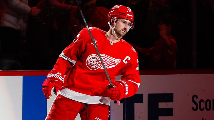 Jan 16, 2026; Detroit, Michigan, USA; Detroit Red Wings center Dylan Larkin (71) looks on following the Red Wings win over the San Jose Sharks at Little Caesars Arena. Mandatory Credit: Brian Bradshaw Sevald-Imagn Images