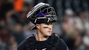 Aug 24, 2025; Phoenix, Arizona, USA; Arizona Diamondbacks catcher James McCann against the Cincinnati Reds at Chase Field. Mandatory Credit: Mark J. Rebilas-Imagn Images