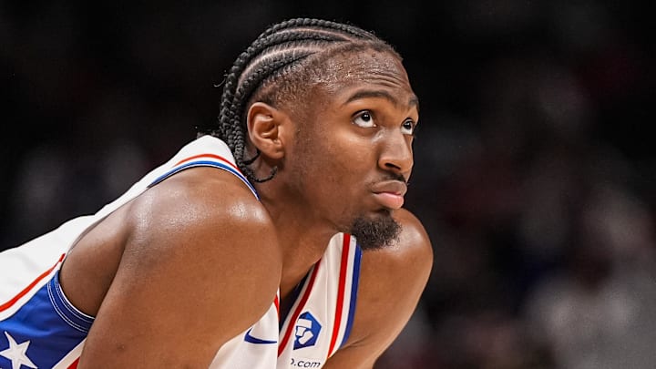 Philadelphia 76ers guard Tyrese Maxey (0) on the court during the game against the Atlanta Hawks during the second half at State Farm Arena.