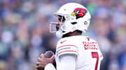 Nov 9, 2025; Seattle, Washington, USA; Arizona Cardinals quarterback Jacoby Brissett (7) looks to pass during the third quarter against the Seattle Seahawks at Lumen Field. Mandatory Credit: Kevin Ng-Imagn Images