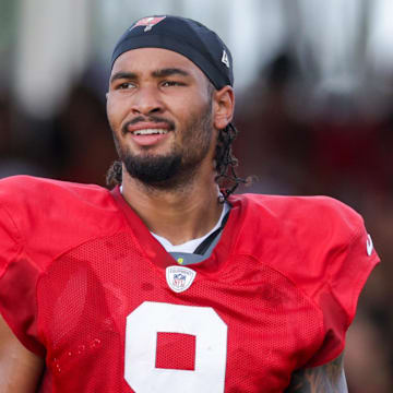 Tampa Bay Buccaneers wide receiver Emeka Egbuka (9) participates in training camp at AdventHealth Training Center.