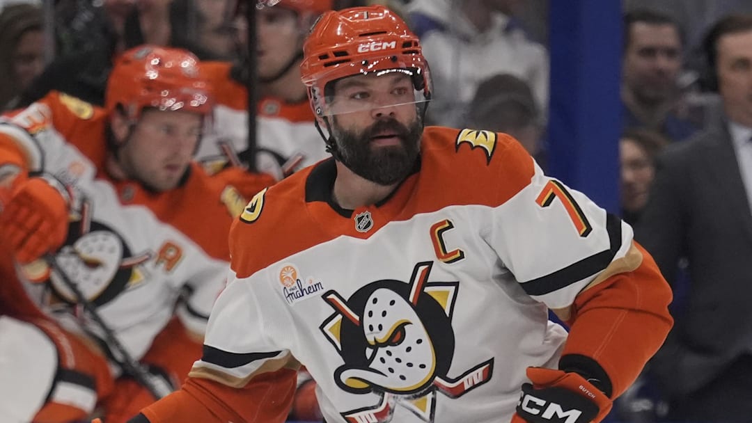 Mar 12, 2026; Toronto, Ontario, CAN; Anaheim Ducks defenseman Radko Gudas (7) skates against the Toronto Maple Leafs during the first period at Scotiabank Arena. Mandatory Credit: John E. Sokolowski-Imagn Images