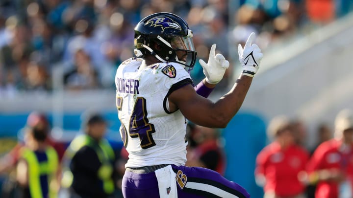 Baltimore Ravens linebacker Tyus Bowser (54) signals a first down pick up during the third quarter of a regular season NFL football matchup Sunday, Nov. 27, 2022 at TIAA Bank Field in Jacksonville. The Jaguars edged the Ravens 28-27. [Corey Perrine/Florida Times-Union]

Jki 112722 Nfl Ravens Jags Cp 124