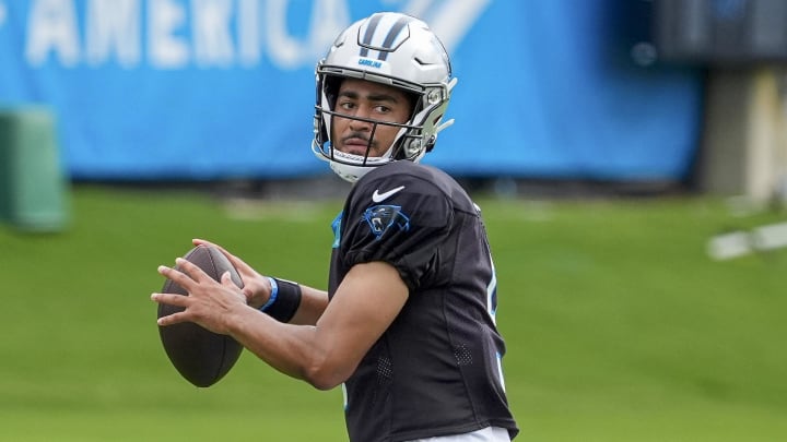 Jul 30, 2024; Charlotte, NC, USA; Carolina Panthers quarterback Bryce Young (9) throws during training camp at Carolina Panthers Practice Fields. Mandatory Credit: Jim Dedmon-USA TODAY Sports