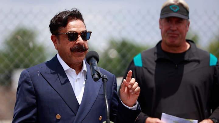 Jacksonville Jaguars owner Shad Khan speaks as Head Coach Doug Pederson listens in as the business bearing the name on the new practice facility, Miller Electric Center, is announced during a media conference after a minicamp football practice Monday, June 13, 2022 at TIAA Bank Field in Jacksonville.
Jki Jagspracticefacility 09 Jacksonville Jaguars owner Shad Khan speaks as Head Coach Doug Pederson listens in as the business bearing the name on the new practice facility, Miller Electric Center, is announced during a media conference after a minicamp football practice Monday, June 13, 2022 at TIAA Bank Field in Jacksonville.
Jki Jagspracticefacility 09