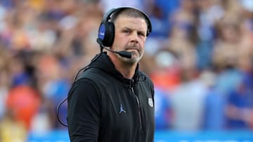Nov 16, 2024; Gainesville, Florida, USA; Florida Gators head coach Billy Napier looks on against the LSU Tigers during the first half at Ben Hill Griffin Stadium. Mandatory Credit: Kim Klement Neitzel-Imagn Images