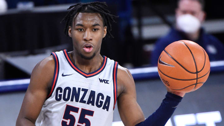 Jan 23, 2021; Spokane, Washington, USA; Gonzaga Bulldogs guard Dominick Harris (55) brings the ball down court during a game against the Pacific Tigers in the second half of a WCC men   s basketball game at McCarthey Athletic Center. The Bulldogs won 95-49. Mandatory Credit: James Snook-USA TODAY Sports