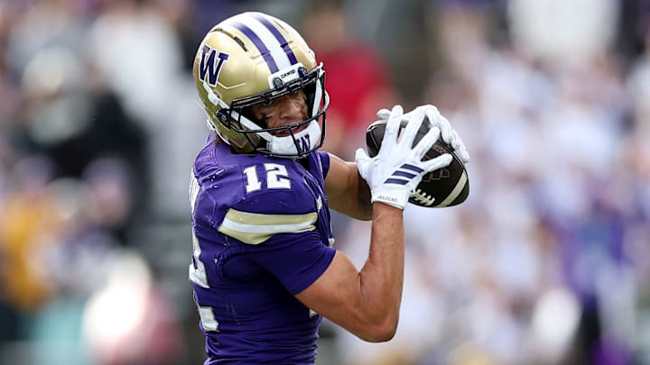 Washington wide receiver Denzel Boston makes a reception during the Huskies' 42-25 Week 9 victory over the No. 23 Illinois Fighting Illini.