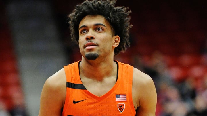 Mar 3, 2018; Pullman, WA, USA; Oregon State Beavers guard Stephen Thompson Jr. (1) attempts a free throw during a basketball game against the Washington State Cougars during the first half at Friel Court at Beasley Coliseum. Mandatory Credit: James Snook-USA TODAY Sports