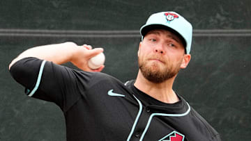 Arizona Diamondbacks new pitcher Corbin Burnes throws in the bullpen on the first day of spring training practice at Salt River Fields at Talking Stick in Scottsdale on Feb. 12, 2025.