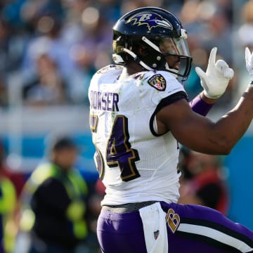 Baltimore Ravens linebacker Tyus Bowser (54) signals a first down pick up during the third quarter of a regular season NFL football matchup Sunday, Nov. 27, 2022 at TIAA Bank Field in Jacksonville. The Jaguars edged the Ravens 28-27. [Corey Perrine/Florida Times-Union]

Jki 112722 Nfl Ravens Jags Cp 124