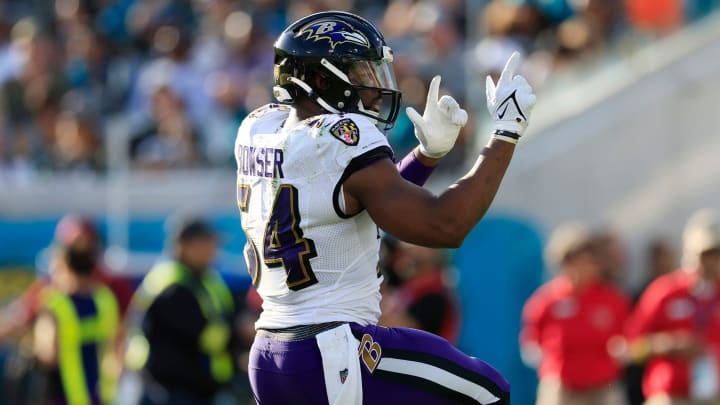 Baltimore Ravens linebacker Tyus Bowser (54) signals a first down pick up during the third quarter of a regular season NFL football matchup Sunday, Nov. 27, 2022 at TIAA Bank Field in Jacksonville. The Jaguars edged the Ravens 28-27. [Corey Perrine/Florida Times-Union]

Jki 112722 Nfl Ravens Jags Cp 124