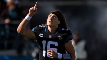 Jacksonville Jaguars quarterback Trevor Lawrence (16) takes to the field pointing on a NFL football matchup Sunday, Dec. 18, 2022 at TIAA Bank Field in Jacksonville. 