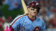 Sep 25, 2025; Philadelphia, Pennsylvania, USA; Philadelphia Phillies outfielder Harrison Bader (2) flips his bat after popping out during the third inning against the Miami Marlins at Citizens Bank Park. Mandatory Credit: Bill Streicher-Imagn Images
