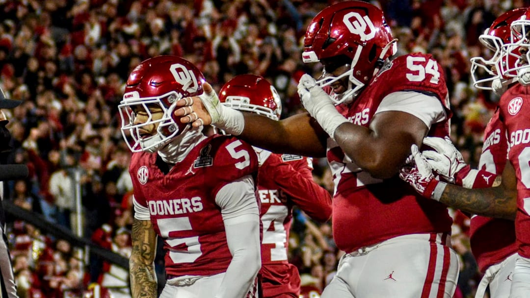 Oklahoma wide receiver Isaiah Sategna celebrates after scoring a touchdown against Alabama in the CFP.