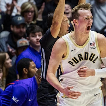 Purdue Boilermakers guard Fletcher Loyer (2) celebrates a made basket 